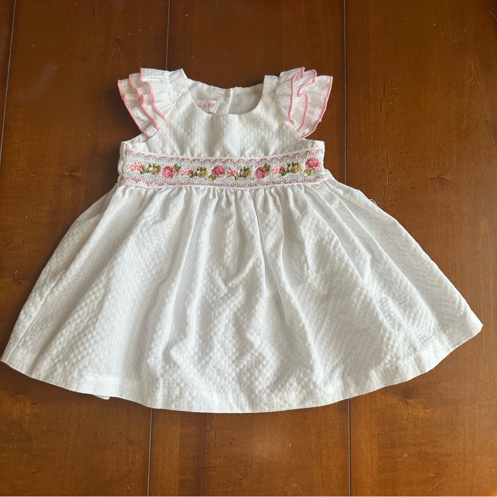 Bonnie Baby White and Pink Kids Dress- Floral Appliqué with Ruffle Sleeve - 12M
